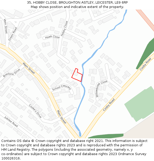 35, HOBBY CLOSE, BROUGHTON ASTLEY, LEICESTER, LE9 6RP: Location map and indicative extent of plot