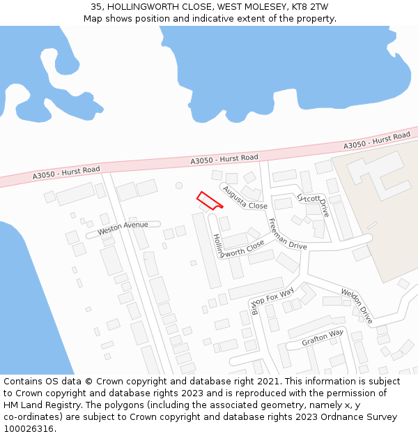 35, HOLLINGWORTH CLOSE, WEST MOLESEY, KT8 2TW: Location map and indicative extent of plot