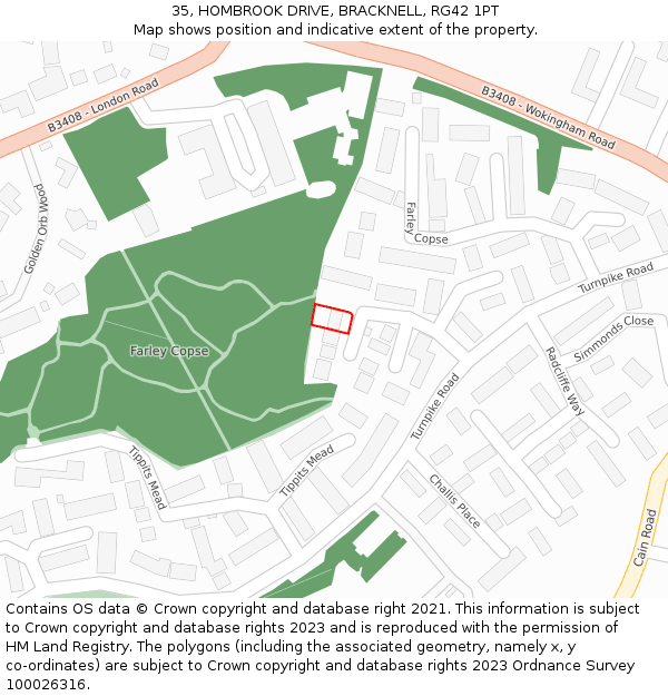 35, HOMBROOK DRIVE, BRACKNELL, RG42 1PT: Location map and indicative extent of plot