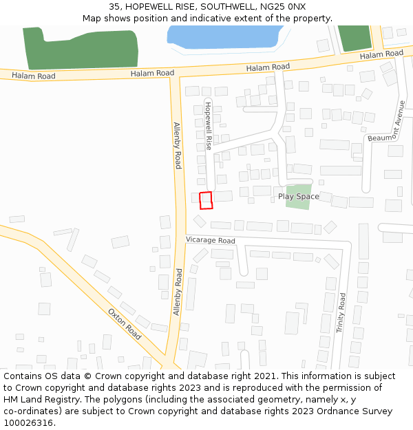 35, HOPEWELL RISE, SOUTHWELL, NG25 0NX: Location map and indicative extent of plot