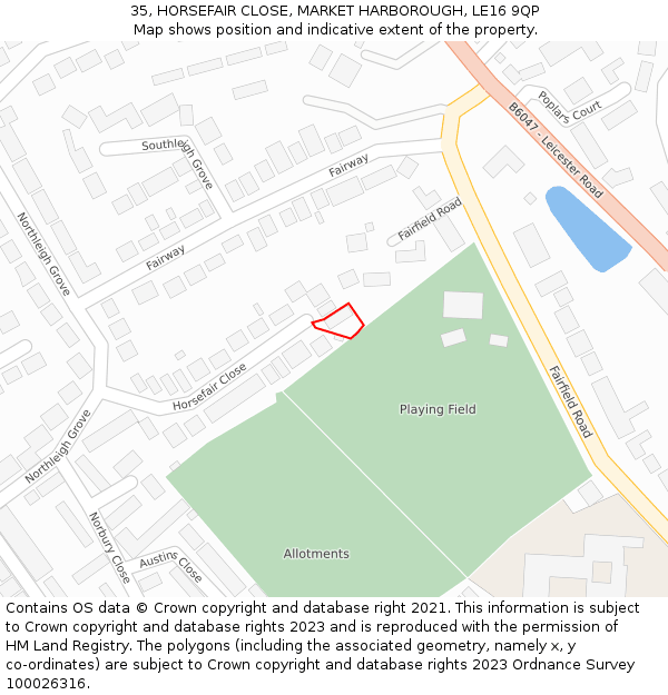 35, HORSEFAIR CLOSE, MARKET HARBOROUGH, LE16 9QP: Location map and indicative extent of plot
