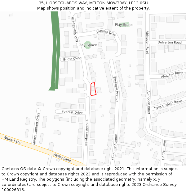 35, HORSEGUARDS WAY, MELTON MOWBRAY, LE13 0SU: Location map and indicative extent of plot