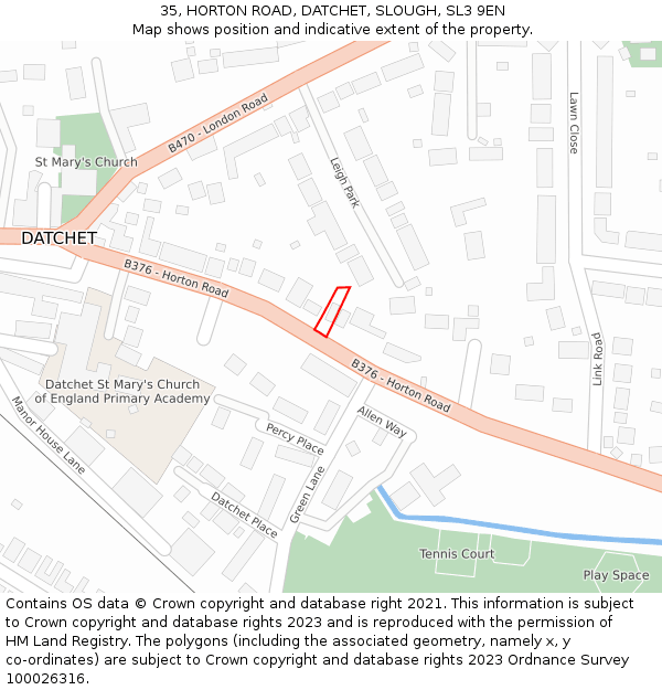 35, HORTON ROAD, DATCHET, SLOUGH, SL3 9EN: Location map and indicative extent of plot