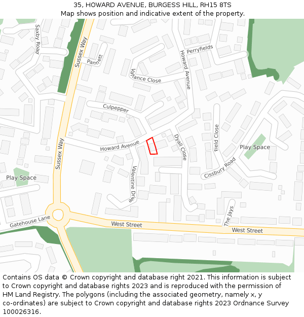 35, HOWARD AVENUE, BURGESS HILL, RH15 8TS: Location map and indicative extent of plot