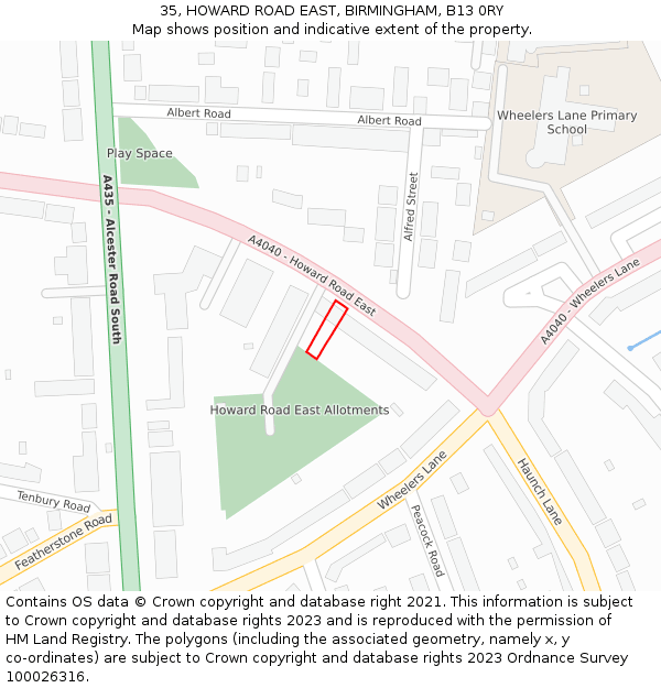 35, HOWARD ROAD EAST, BIRMINGHAM, B13 0RY: Location map and indicative extent of plot