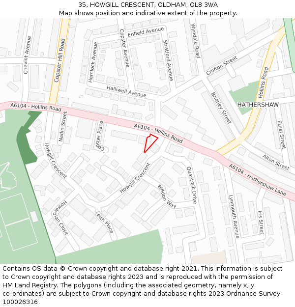 35, HOWGILL CRESCENT, OLDHAM, OL8 3WA: Location map and indicative extent of plot