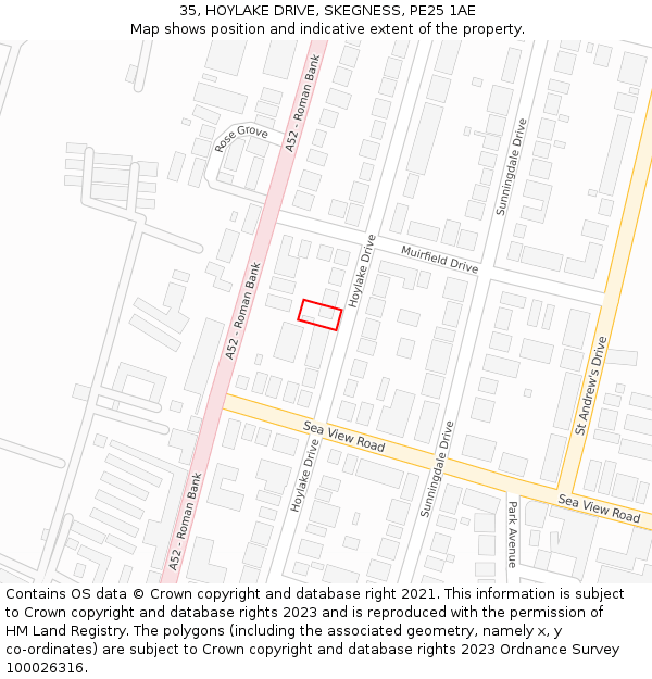 35, HOYLAKE DRIVE, SKEGNESS, PE25 1AE: Location map and indicative extent of plot