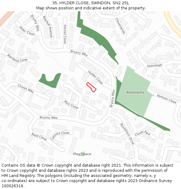 35, HYLDER CLOSE, SWINDON, SN2 2SL: Location map and indicative extent of plot