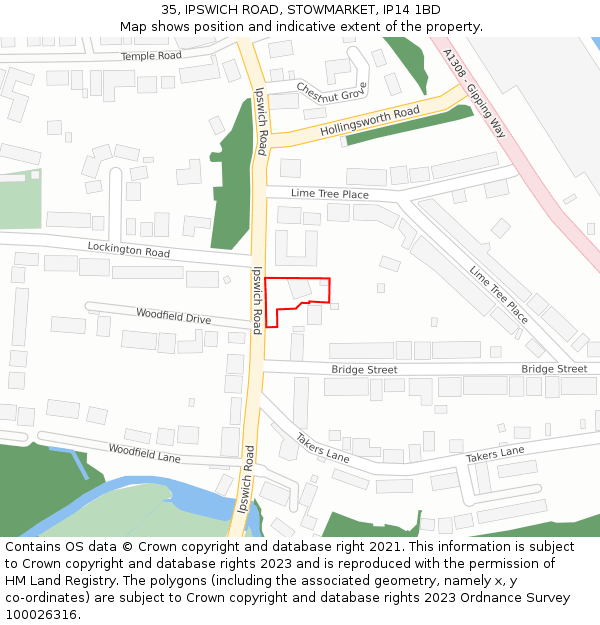 35, IPSWICH ROAD, STOWMARKET, IP14 1BD: Location map and indicative extent of plot