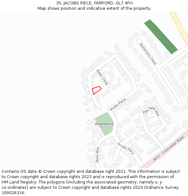 35, JACOBS PIECE, FAIRFORD, GL7 4FH: Location map and indicative extent of plot