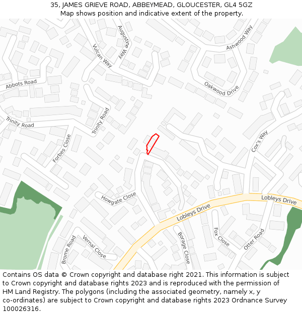 35, JAMES GRIEVE ROAD, ABBEYMEAD, GLOUCESTER, GL4 5GZ: Location map and indicative extent of plot