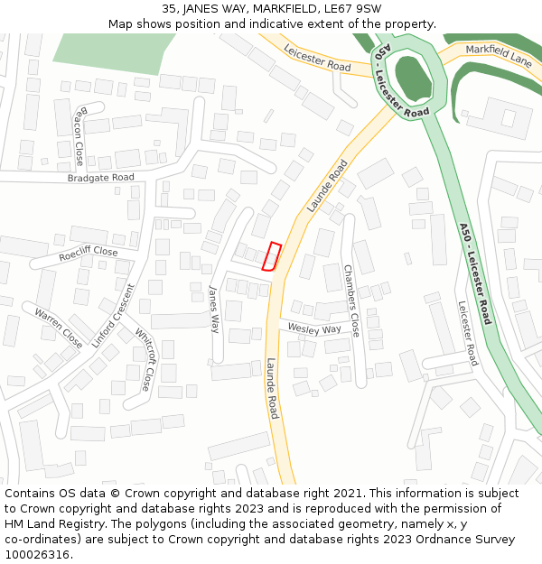 35, JANES WAY, MARKFIELD, LE67 9SW: Location map and indicative extent of plot