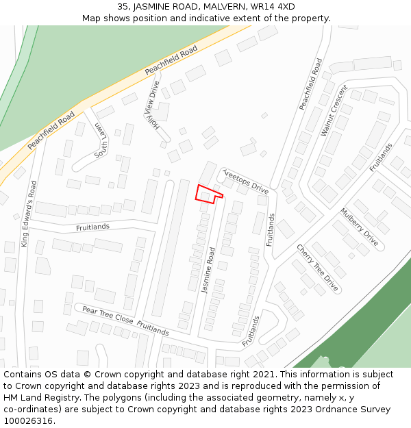 35, JASMINE ROAD, MALVERN, WR14 4XD: Location map and indicative extent of plot