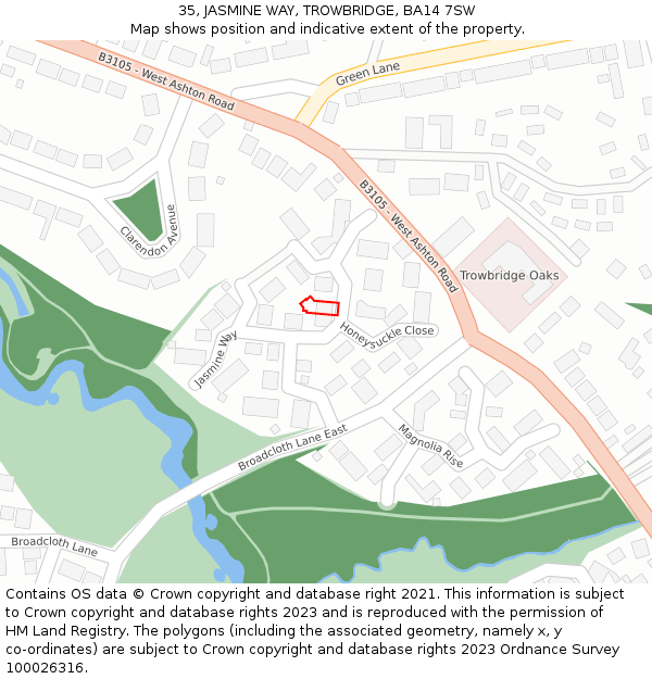 35, JASMINE WAY, TROWBRIDGE, BA14 7SW: Location map and indicative extent of plot