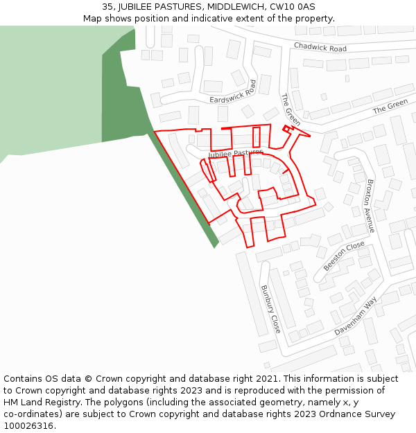 35, JUBILEE PASTURES, MIDDLEWICH, CW10 0AS: Location map and indicative extent of plot