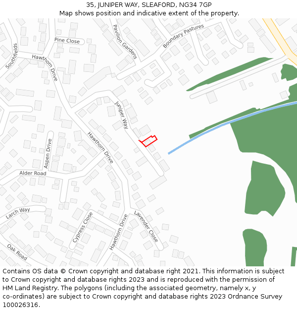 35, JUNIPER WAY, SLEAFORD, NG34 7GP: Location map and indicative extent of plot