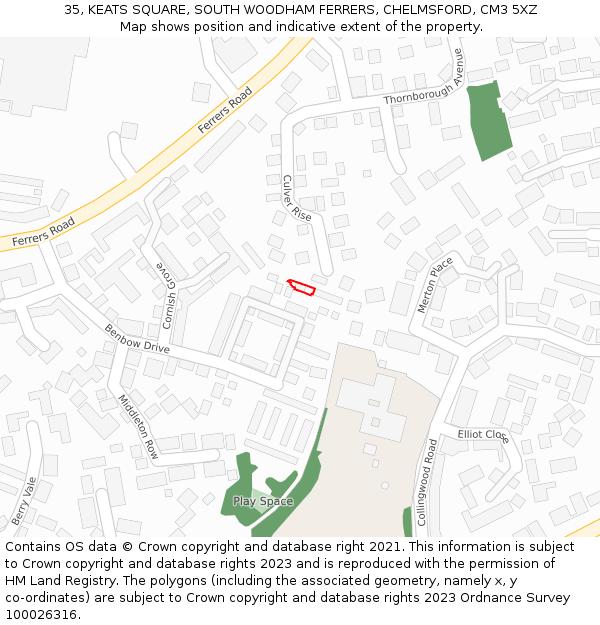 35, KEATS SQUARE, SOUTH WOODHAM FERRERS, CHELMSFORD, CM3 5XZ: Location map and indicative extent of plot