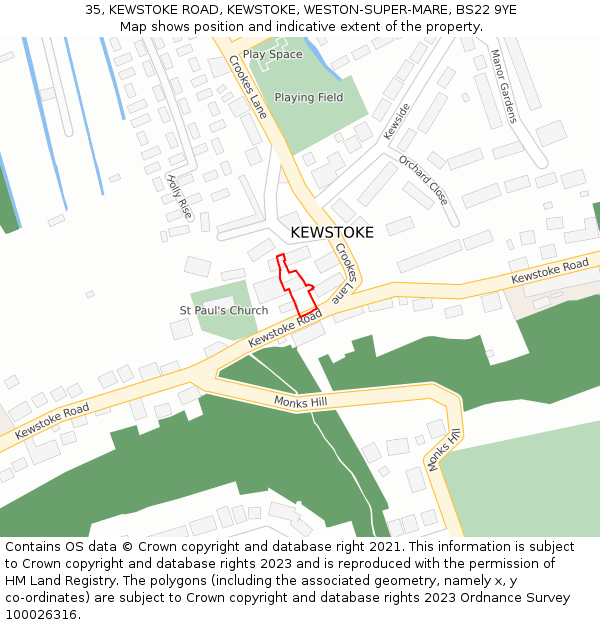 35, KEWSTOKE ROAD, KEWSTOKE, WESTON-SUPER-MARE, BS22 9YE: Location map and indicative extent of plot