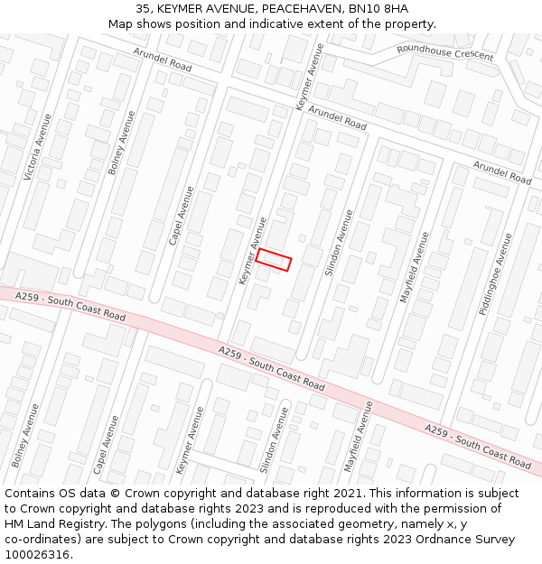 35, KEYMER AVENUE, PEACEHAVEN, BN10 8HA: Location map and indicative extent of plot