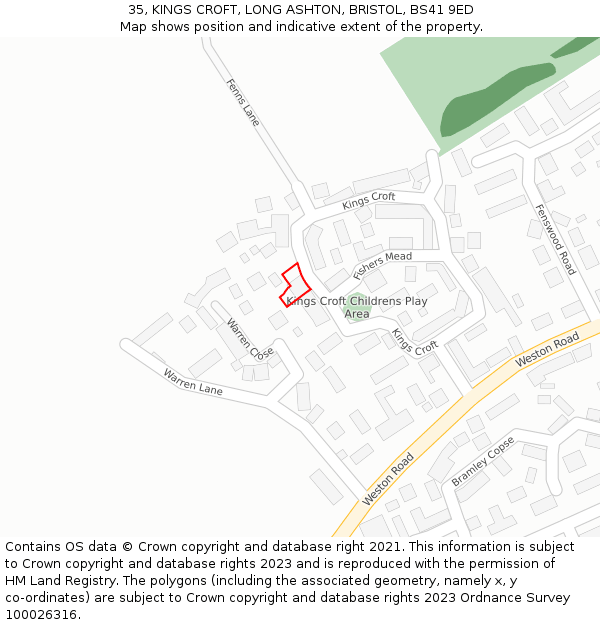 35, KINGS CROFT, LONG ASHTON, BRISTOL, BS41 9ED: Location map and indicative extent of plot