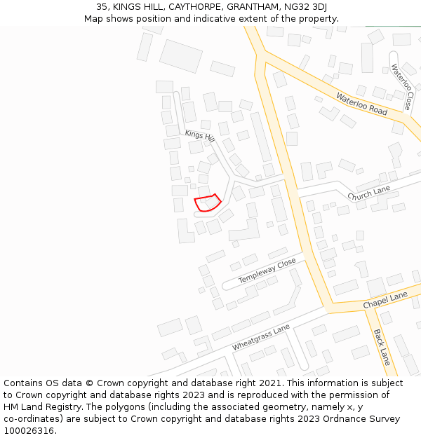 35, KINGS HILL, CAYTHORPE, GRANTHAM, NG32 3DJ: Location map and indicative extent of plot