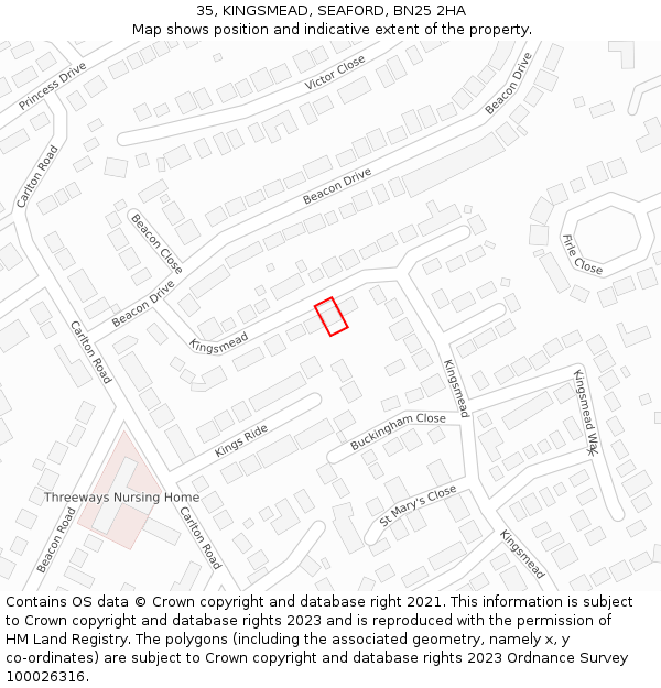 35, KINGSMEAD, SEAFORD, BN25 2HA: Location map and indicative extent of plot