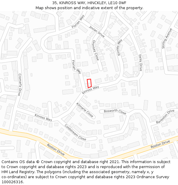 35, KINROSS WAY, HINCKLEY, LE10 0WF: Location map and indicative extent of plot