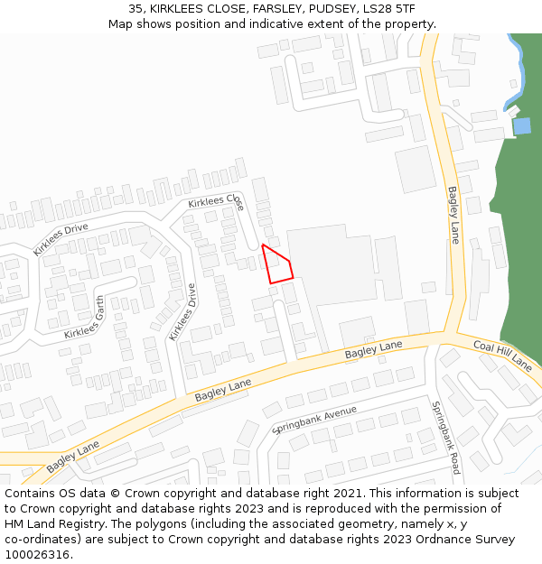 35, KIRKLEES CLOSE, FARSLEY, PUDSEY, LS28 5TF: Location map and indicative extent of plot