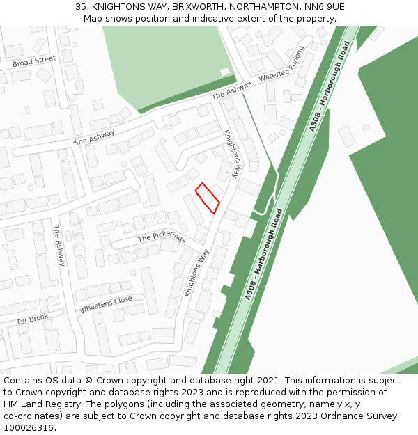 35, KNIGHTONS WAY, BRIXWORTH, NORTHAMPTON, NN6 9UE: Location map and indicative extent of plot