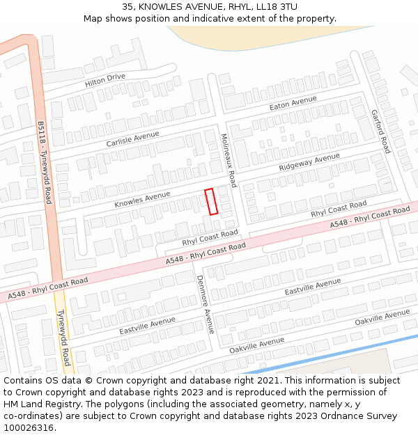 35, KNOWLES AVENUE, RHYL, LL18 3TU: Location map and indicative extent of plot