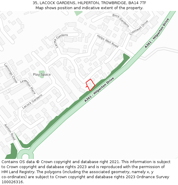 35, LACOCK GARDENS, HILPERTON, TROWBRIDGE, BA14 7TF: Location map and indicative extent of plot