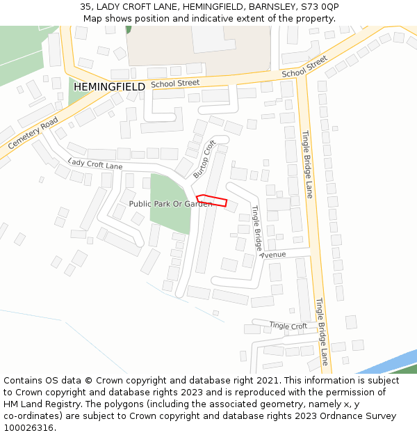 35, LADY CROFT LANE, HEMINGFIELD, BARNSLEY, S73 0QP: Location map and indicative extent of plot