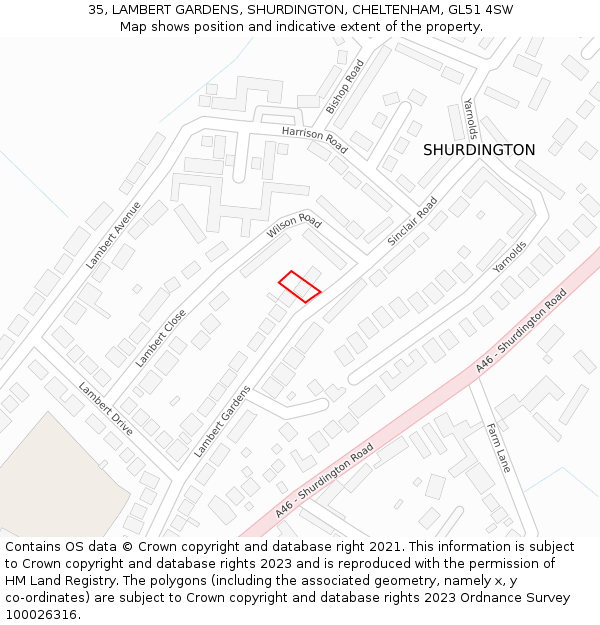 35, LAMBERT GARDENS, SHURDINGTON, CHELTENHAM, GL51 4SW: Location map and indicative extent of plot