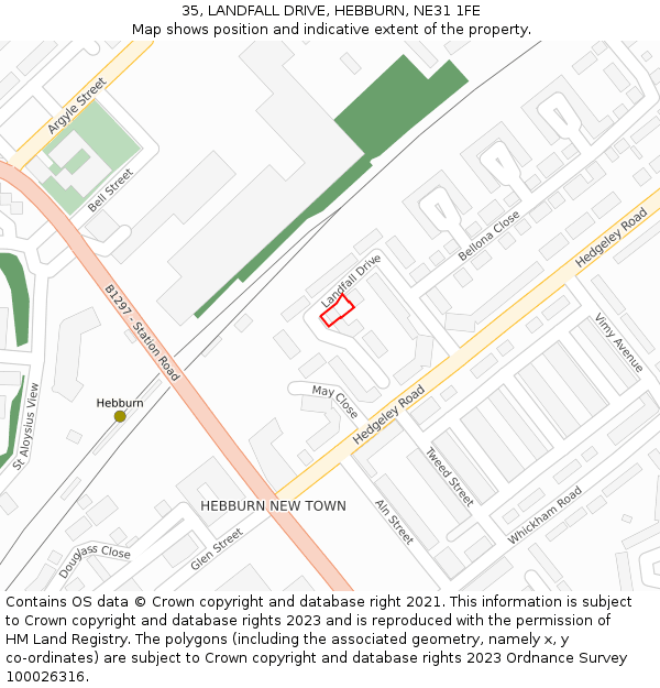 35, LANDFALL DRIVE, HEBBURN, NE31 1FE: Location map and indicative extent of plot