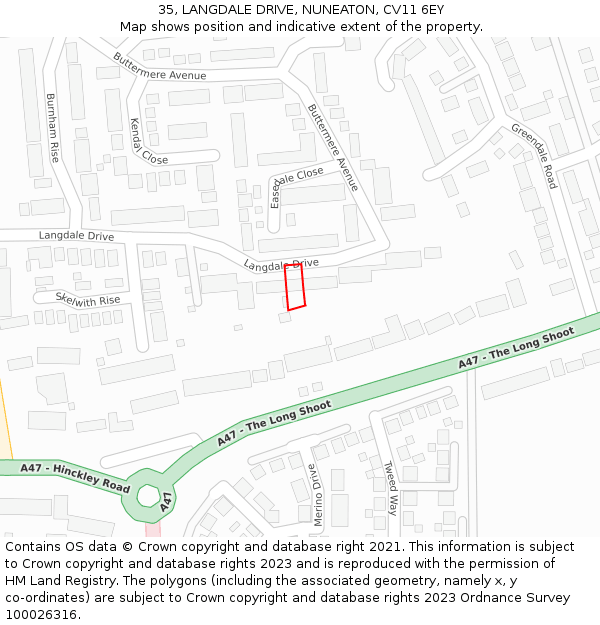 35, LANGDALE DRIVE, NUNEATON, CV11 6EY: Location map and indicative extent of plot