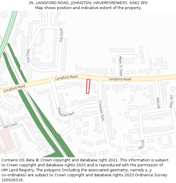 35, LANGFORD ROAD, JOHNSTON, HAVERFORDWEST, SA62 3PX: Location map and indicative extent of plot