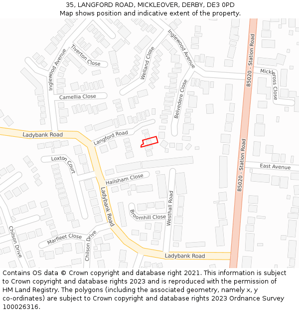 35, LANGFORD ROAD, MICKLEOVER, DERBY, DE3 0PD: Location map and indicative extent of plot