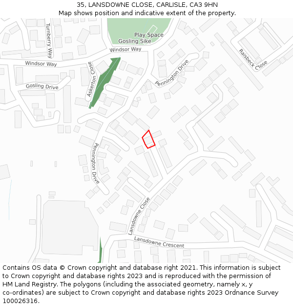 35, LANSDOWNE CLOSE, CARLISLE, CA3 9HN: Location map and indicative extent of plot