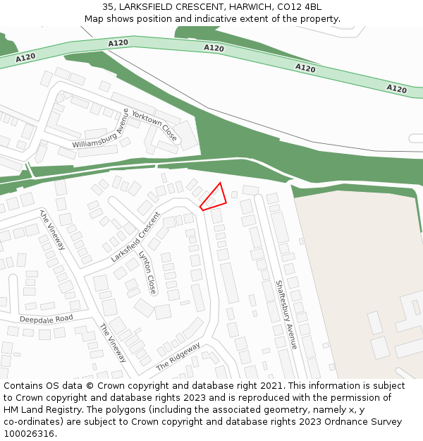 35, LARKSFIELD CRESCENT, HARWICH, CO12 4BL: Location map and indicative extent of plot