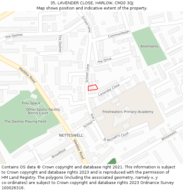 35, LAVENDER CLOSE, HARLOW, CM20 3QJ: Location map and indicative extent of plot