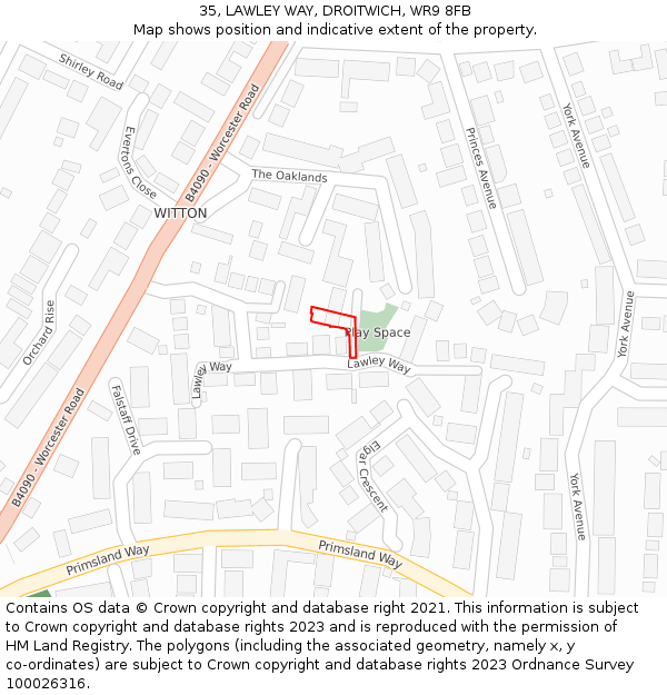 35, LAWLEY WAY, DROITWICH, WR9 8FB: Location map and indicative extent of plot
