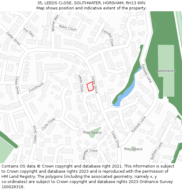 35, LEEDS CLOSE, SOUTHWATER, HORSHAM, RH13 9XN: Location map and indicative extent of plot