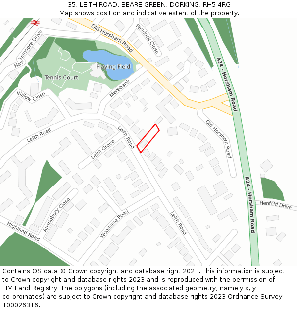 35, LEITH ROAD, BEARE GREEN, DORKING, RH5 4RG: Location map and indicative extent of plot