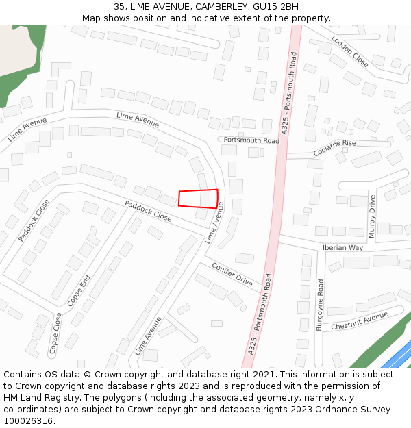 35, LIME AVENUE, CAMBERLEY, GU15 2BH: Location map and indicative extent of plot