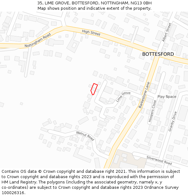 35, LIME GROVE, BOTTESFORD, NOTTINGHAM, NG13 0BH: Location map and indicative extent of plot