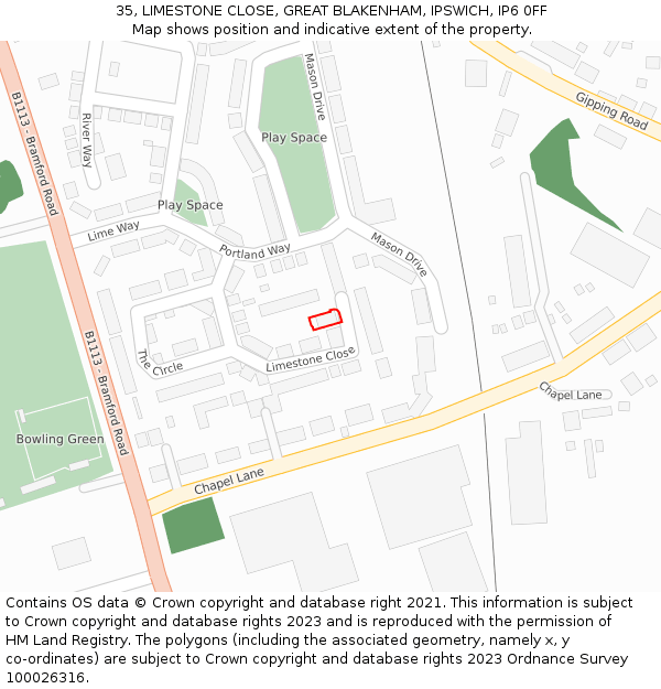 35, LIMESTONE CLOSE, GREAT BLAKENHAM, IPSWICH, IP6 0FF: Location map and indicative extent of plot