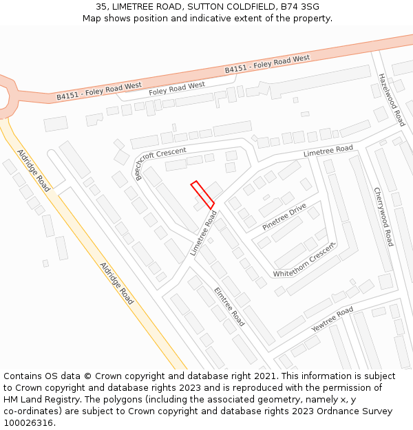 35, LIMETREE ROAD, SUTTON COLDFIELD, B74 3SG: Location map and indicative extent of plot