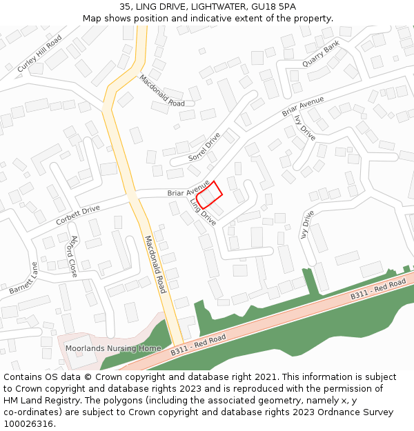 35, LING DRIVE, LIGHTWATER, GU18 5PA: Location map and indicative extent of plot