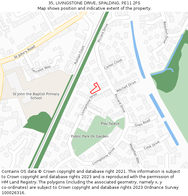 35, LIVINGSTONE DRIVE, SPALDING, PE11 2FS: Location map and indicative extent of plot