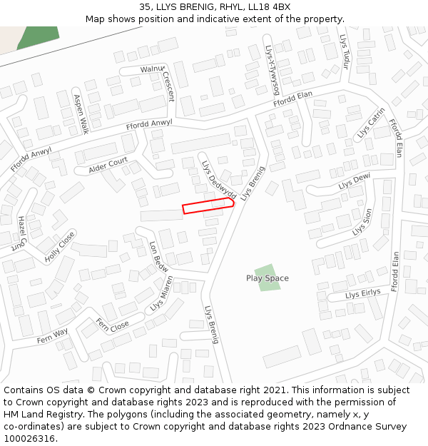 35, LLYS BRENIG, RHYL, LL18 4BX: Location map and indicative extent of plot